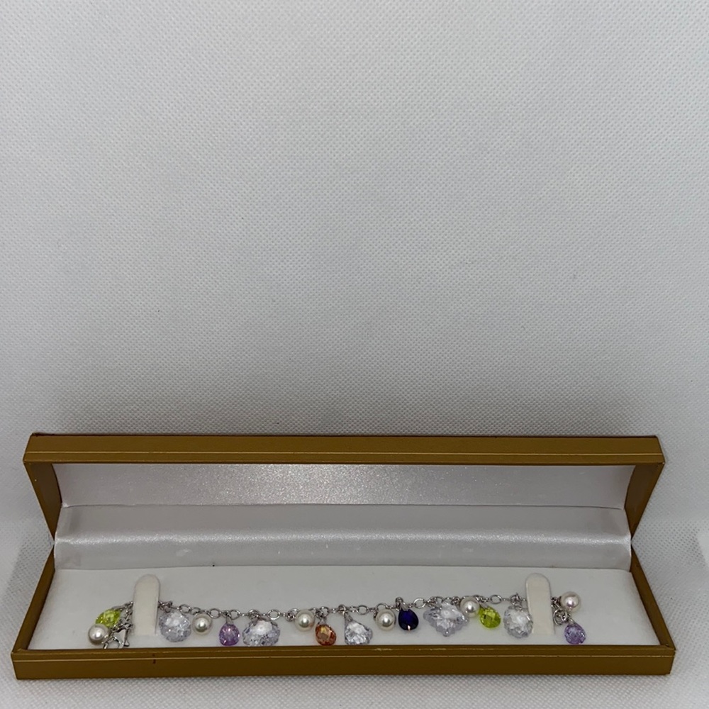 Ladies Bracelet with Dangle Crystals and Faux Pearls 7.5 inch with Box